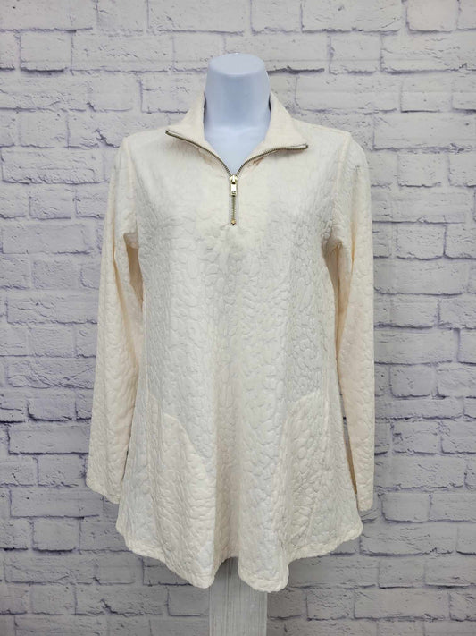 XXSMALL IVORY A387774 Susan Graver Weekend Burnout Jacquard Knit Half-Zip Top