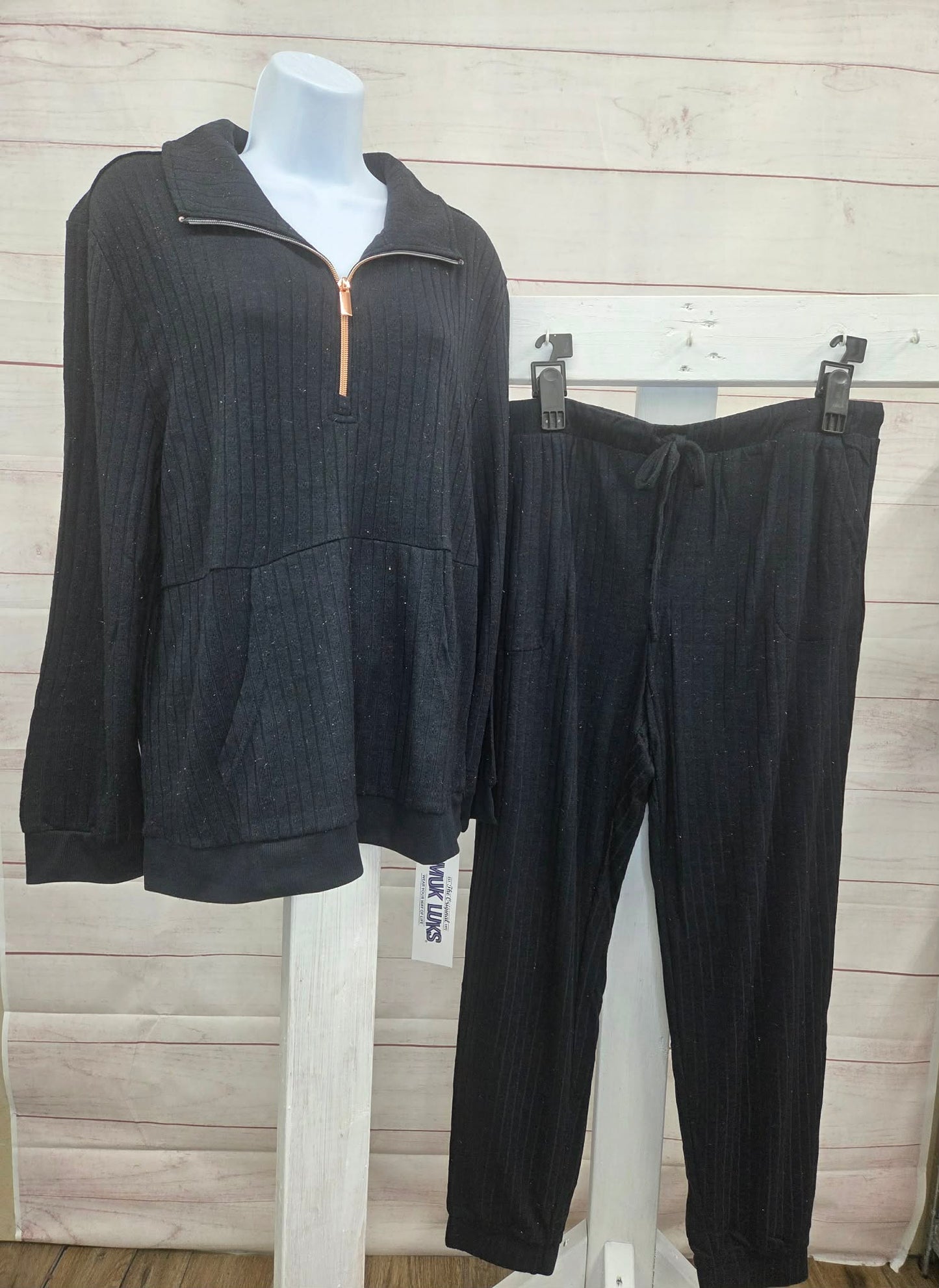 LARGE BLACK A708718 MUK LUKS Sweater Knit Zip-Up Lounge Set