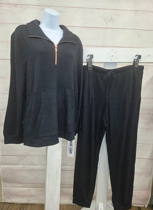 LARGE BLACK A708718 MUK LUKS Sweater Knit Zip-Up Lounge Set