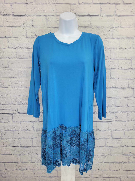 XSMALL LAKESIDE BLUE A509473 LOGO by Lori Goldstein Rayon 230 3/4 Sleeve Top with Lace Hem