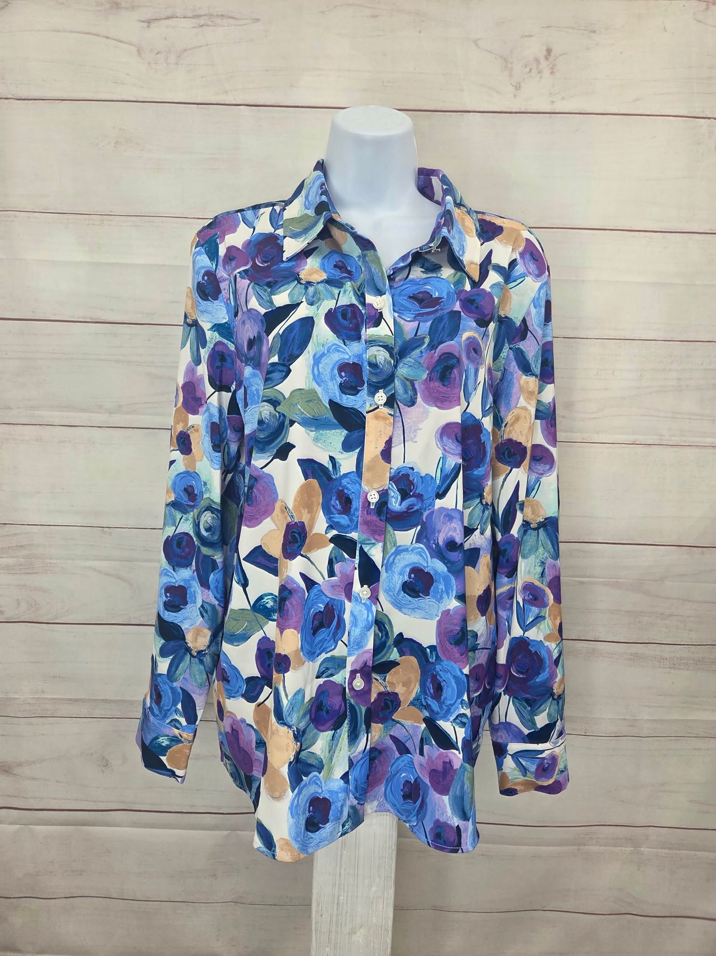 MEDIUM BLUE A706753 Susan Graver Printed Stretch Peachskin Button-Front Shirt