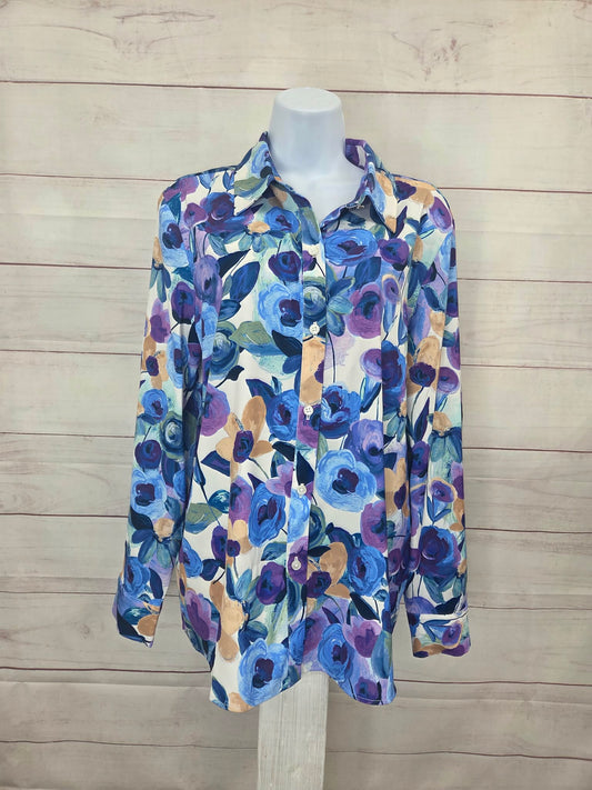 MEDIUM BLUE A706753 Susan Graver Printed Stretch Peachskin Button-Front Shirt