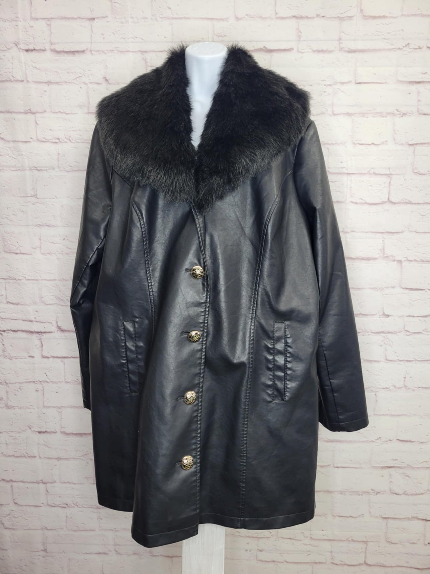 XLARGE BLACK A294632 Dennis Basso Faux Leather Jacket with Removable Faux Fur Collar