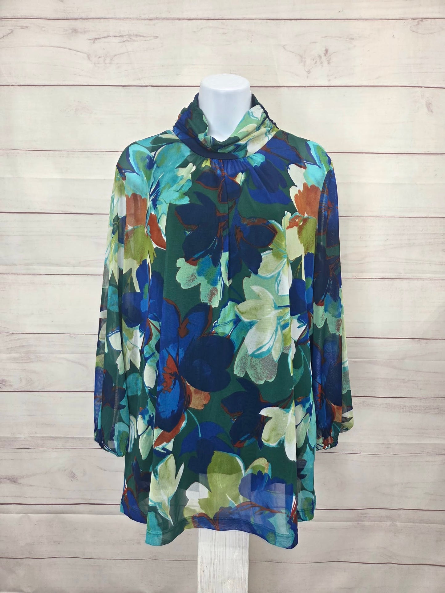 LARGE EVERGREEN A700418 Susan Graver Printed Mesh Mock-Neck Top and Tank