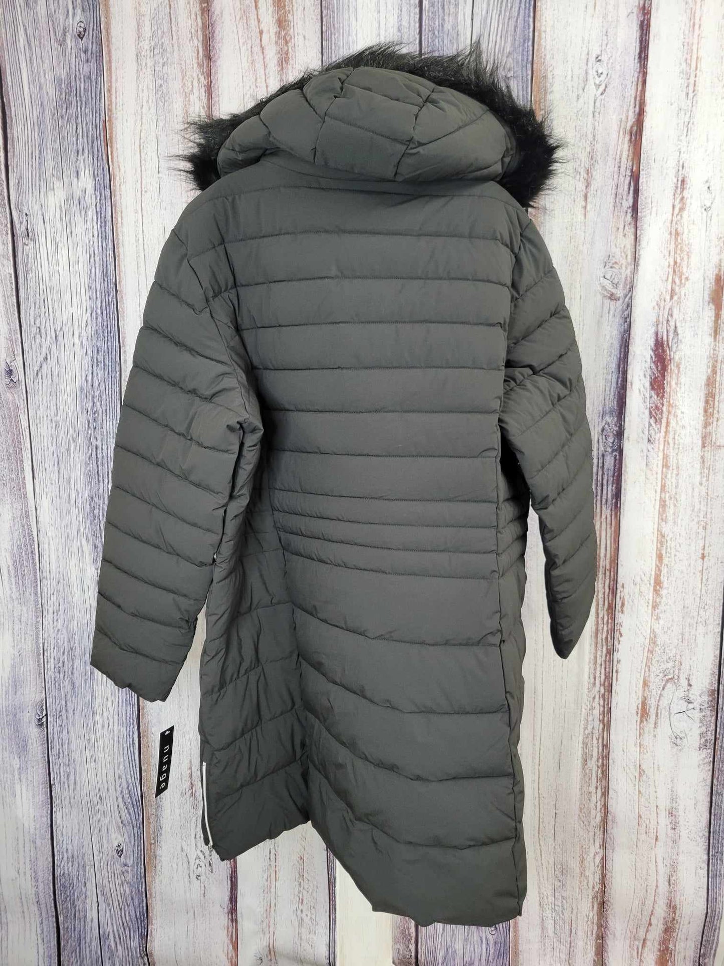 LARGE BLACK A546059 Nuage Regular Stretch Puffer Coat w/ Removable Faux Fur Trim Hood