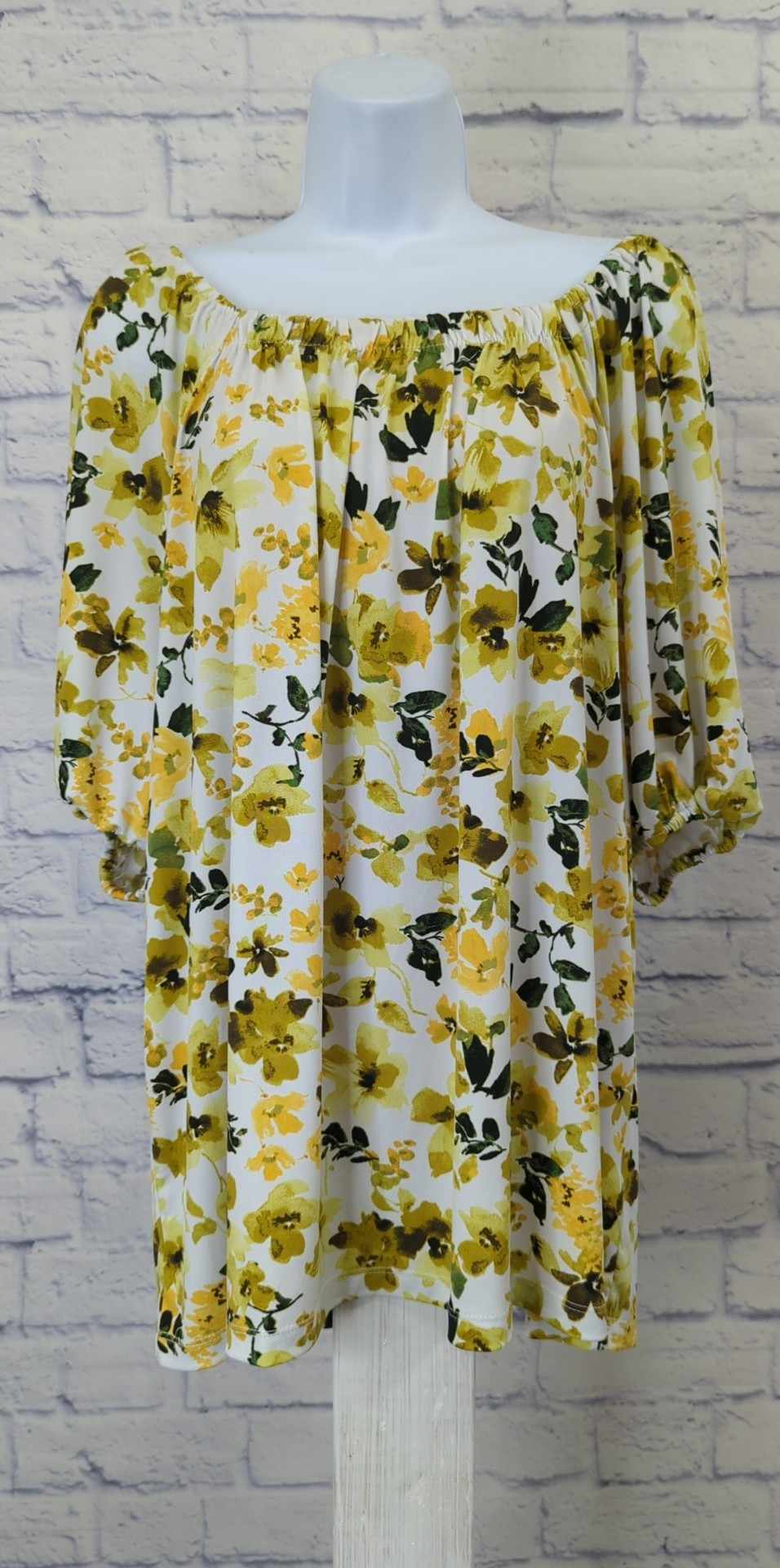 1X CITRON A602015 Susan Graver Printed Liquid Knit Square-Neck Peasant Top