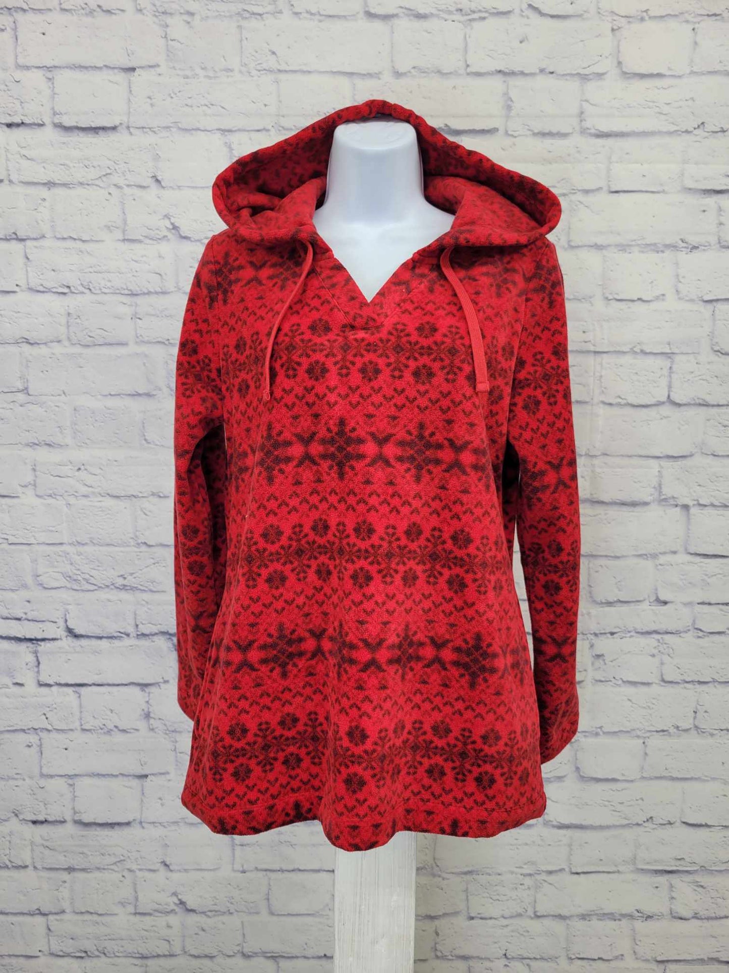 XXSMALL RED A389072 Denim & Co. Printed Fleece Top with Hood