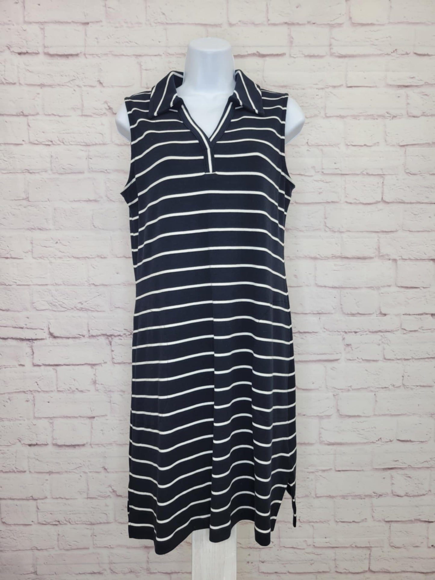 XSMALL BLACK A647709 Isaac Mizrahi Live! Petite Essentials Pima Cotton Yarn Dye Stripe Dress