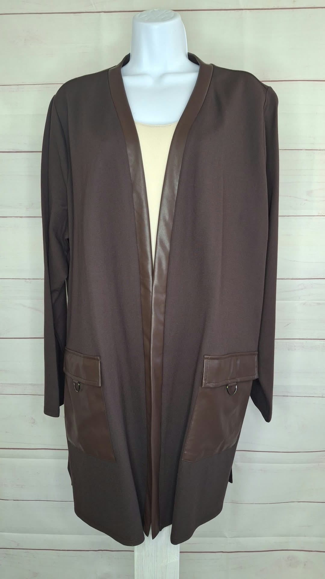 1X CHOCOLATE A707197 Belle by Kim Gravel Regular Ponte Duster with Faux Leather Trim