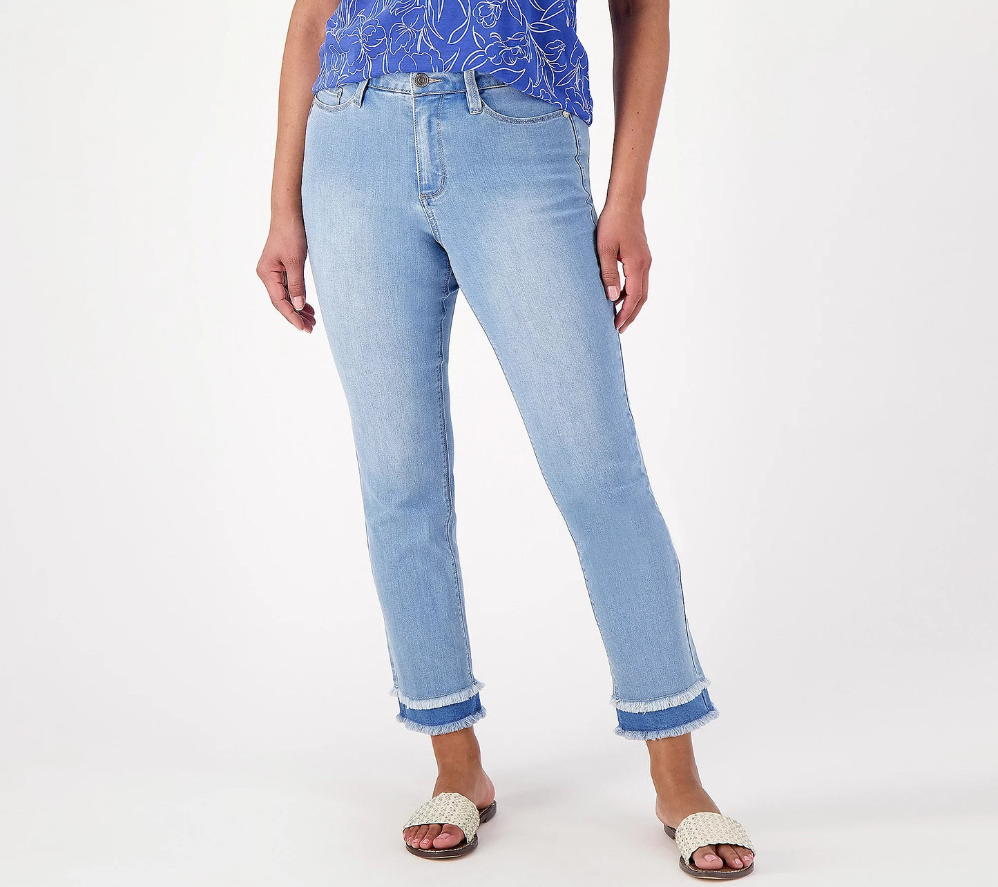 LIGHT WASH A566574 Susan Graver Regular Straight Leg Ankle Jean with Frayed Hem (MULTIPLE SIZES AVAILABLE)