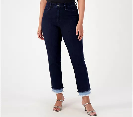 DARK WASH A566574 Susan Graver Regular Straight Leg Ankle Jean with Frayed Hem (MULTIPLE SIZES AVAILABLE)