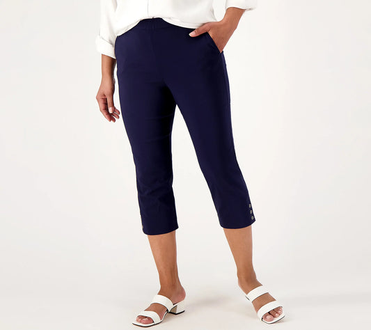 NAVY A593361 Susan Graver Regular Ultra Stretch Capri Pants w/ Button Detail (MULTIPLE SIZES AVAILABLE)