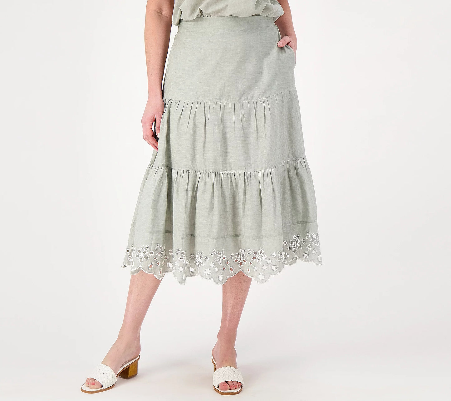 MEDIUM SAGE A599161 Isaac Mizarhi Live! Petite Cotton Lawn Skirt with Embroidered Hem