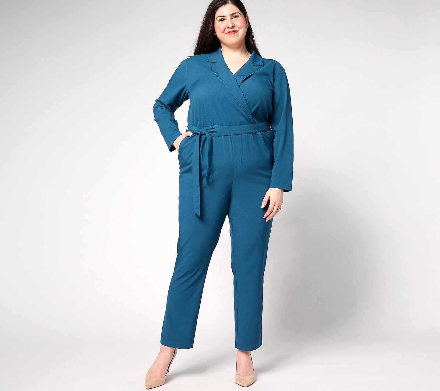 6P TEAL A637017 BEAUTIFUL by Lawrence Zarian The JJ Petite Draped Belted Jumpsuit