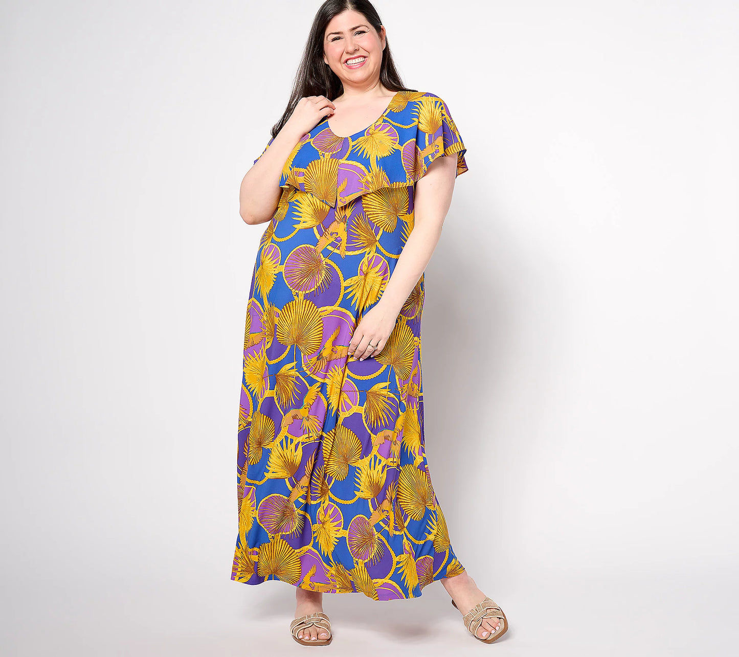 SMALL PET GOLDEN PALMS A643365 Attitudes by Renee Petite Global Illusions Maxi Dress