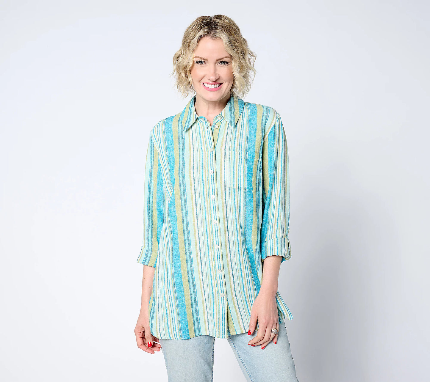 SMALL LAGOON STRIPE A643833 Denim & Co. Naturals Linen Blend Regular Button-Front Tunic