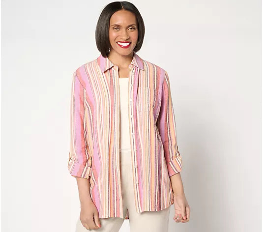 SMALL PAPAYA STRIPE A643833 Denim & Co. Naturals Linen Blend Regular Button-Front Tunic