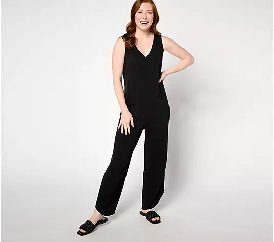 XSMALL PET BLACK A647890 AnyBody Lounge Petite Sleeveless Textured Knit Jumpsuit