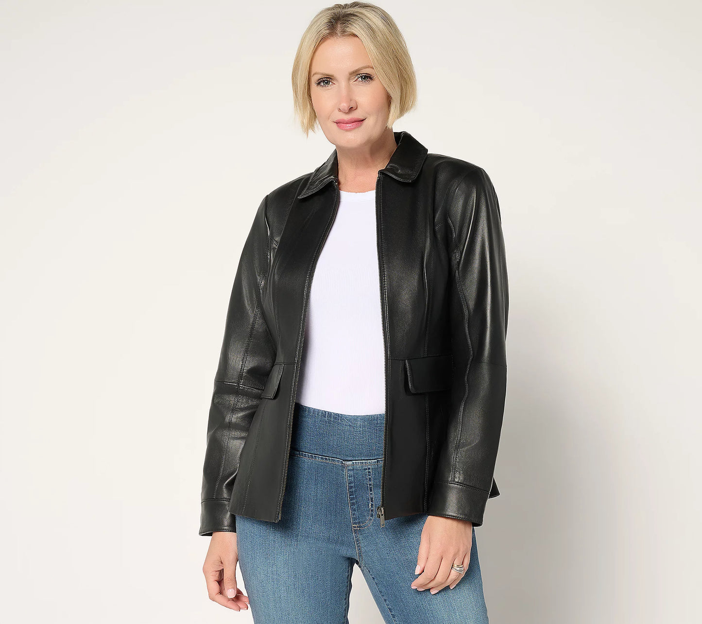 XLARGE PET BLACK A699962 Denim & Co. Petite Lamb Leather Zip Front Jacket