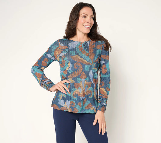 LARGE INK A706722 Susan Graver Printed Ribbed Knit with Lurex Bateau Neck Top
