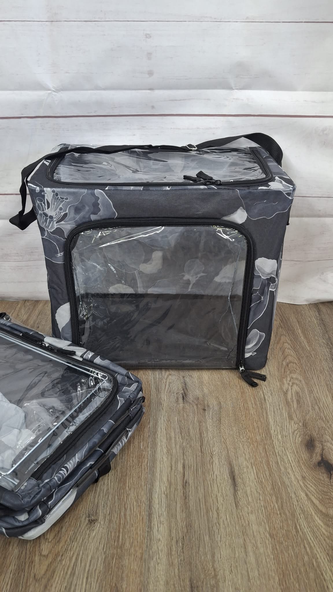 GREY FLORAL V87280 Periea Set of 4 Collapsible Storage Boxes w/ Carry Strap