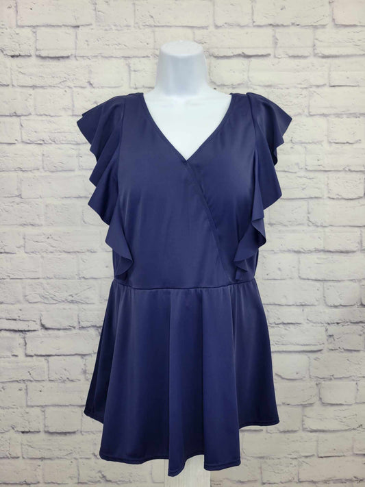 12R NAVY A375170 Denim & Co. Beach Wrap Front Swim Dress with Ruffle Detail