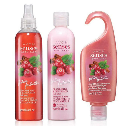Avon Senses Body Care CRANBERRY & CINNAMON Body Spray, shower gel, body lotion