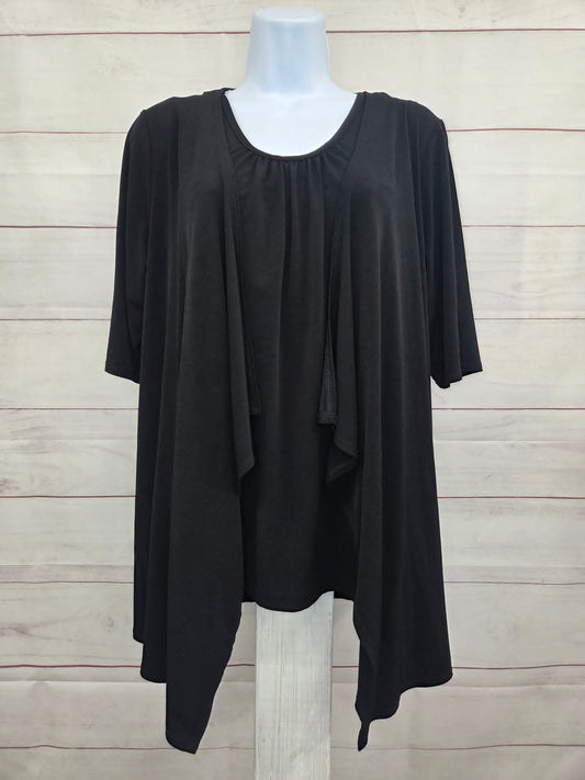 LARGE BLACK A215100 Susan Graver Liquid Knit Cardigan with Crochet Back and Tank Set