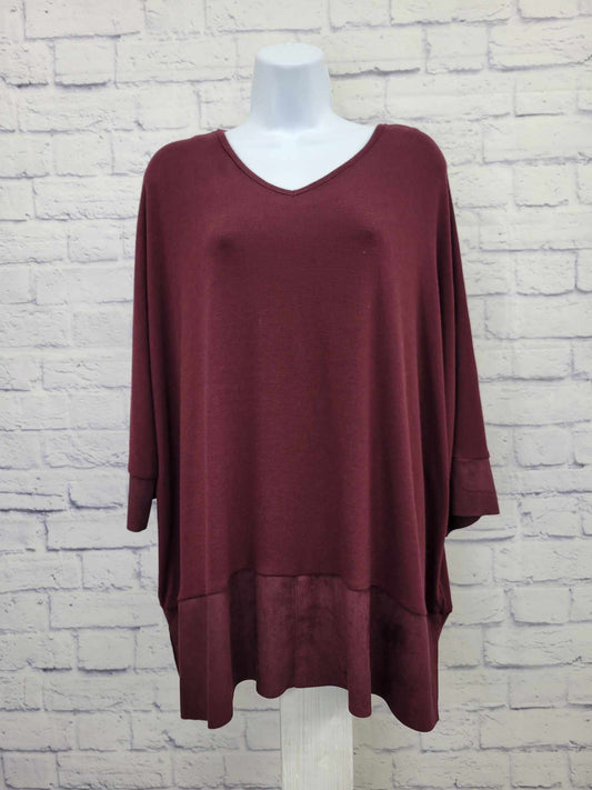 XSMALL WINE A390185 StyleList by Micaela Faux Suede Trim Poncho Style Knit Top