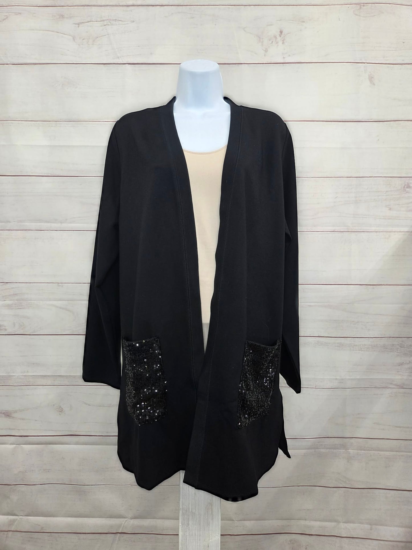 MEDIUM BLACK A708376 Jingle Belles by Kim Gravel Regular Sequin Pocket Ponte Duster Cardigan