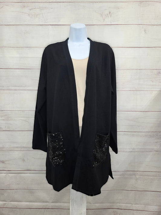 MEDIUM BLACK A708376 Jingle Belles by Kim Gravel Regular Sequin Pocket Ponte Duster Cardigan