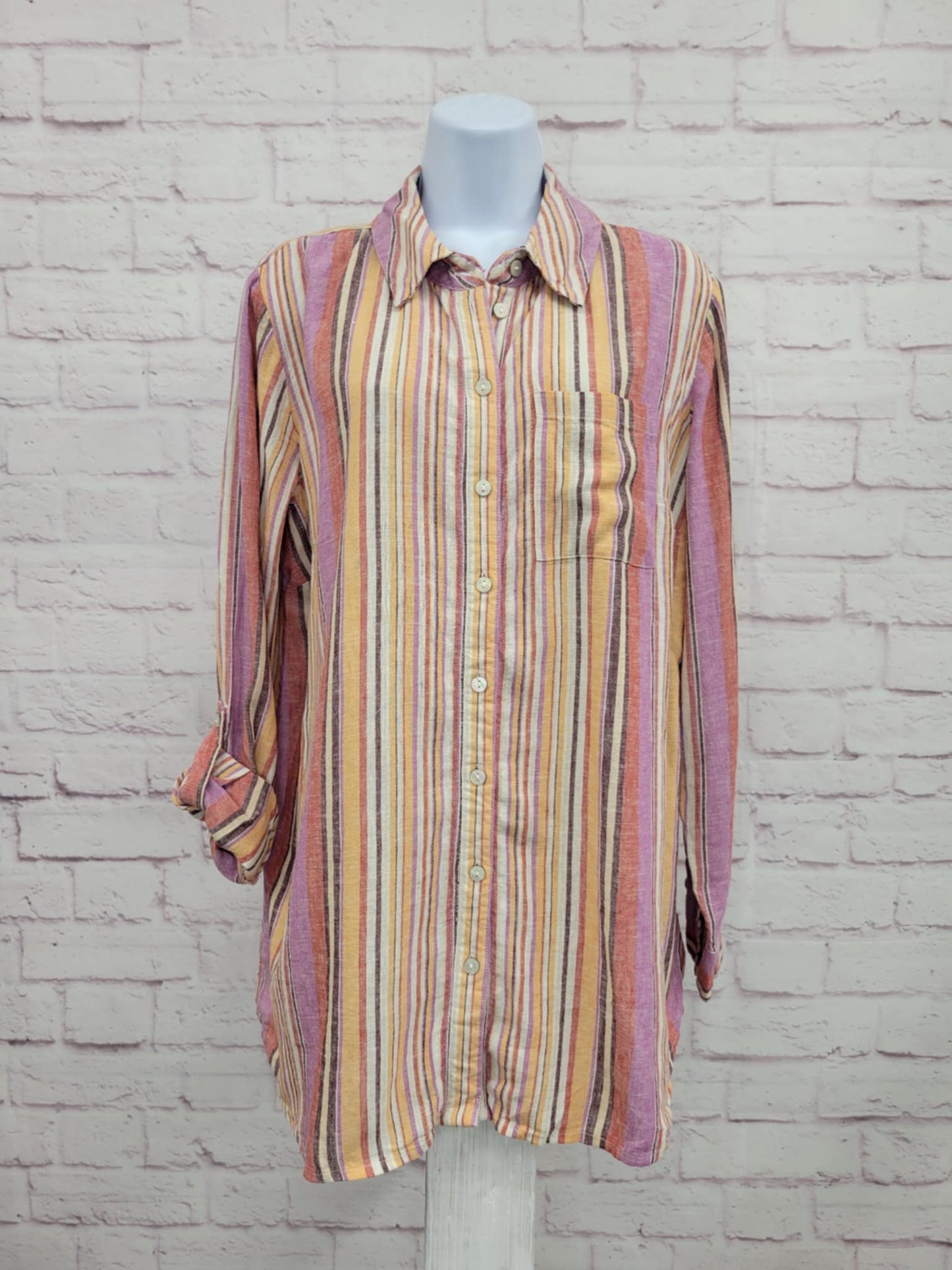 SMALL PAPAYA STRIPE A643833 Denim & Co. Naturals Linen Blend Regular Button-Front Tunic