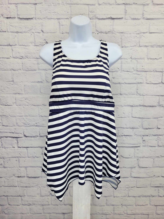 12R NAVY STRIPE A392813 Denim & Co. Beach Handkerchief Hem Tankini