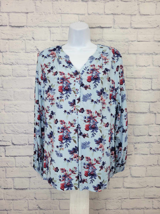 XXSMALL BLUE FLORAL A392138 Denim & Co. Printed V-Neck Long-Sleeve Blouse