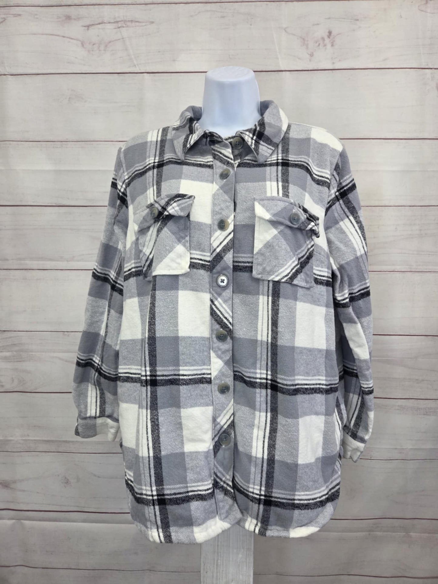 MEDIUM GREY A707200 Belle by Kim Gravel Mad for Plaid Sherpa Lined Shacket