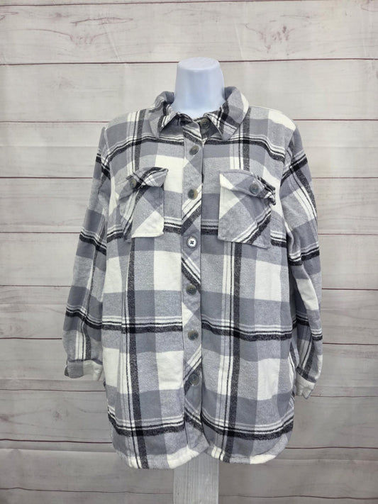 MEDIUM GREY A707200 Belle by Kim Gravel Mad for Plaid Sherpa Lined Shacket