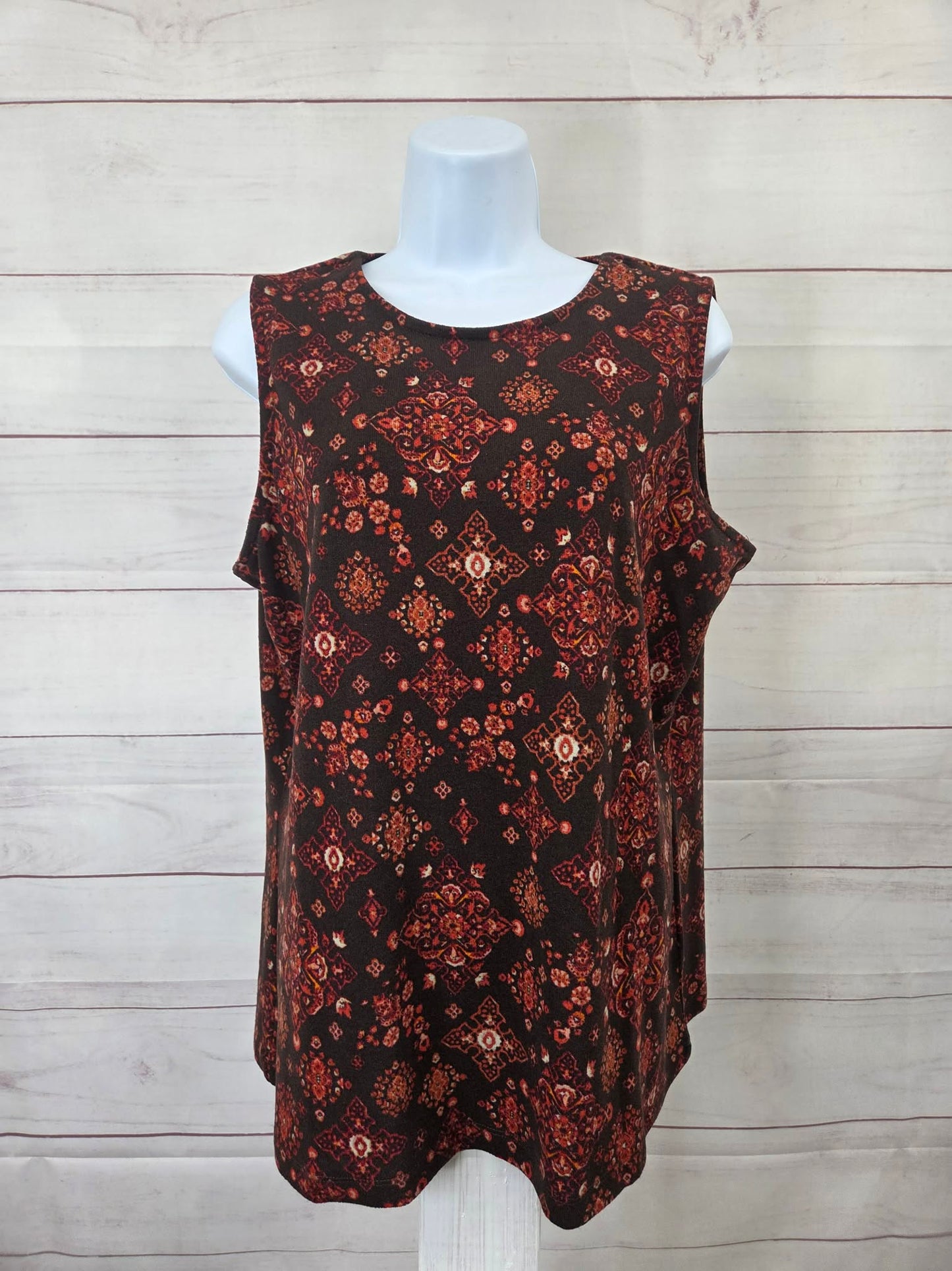 LARGE RUST A457972 Denim & Co. Printed Heavenly Jersey Tunic Cardigan with Tank