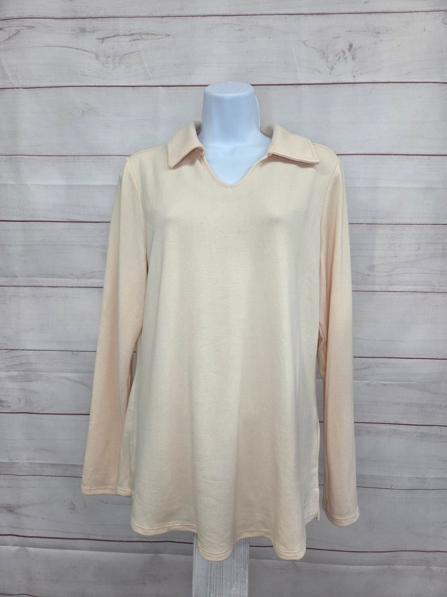 XSMALL TAPIOCA A703349 Denim & Co. Essentials Heavenly Jersey Long Sleeve Collared Top
