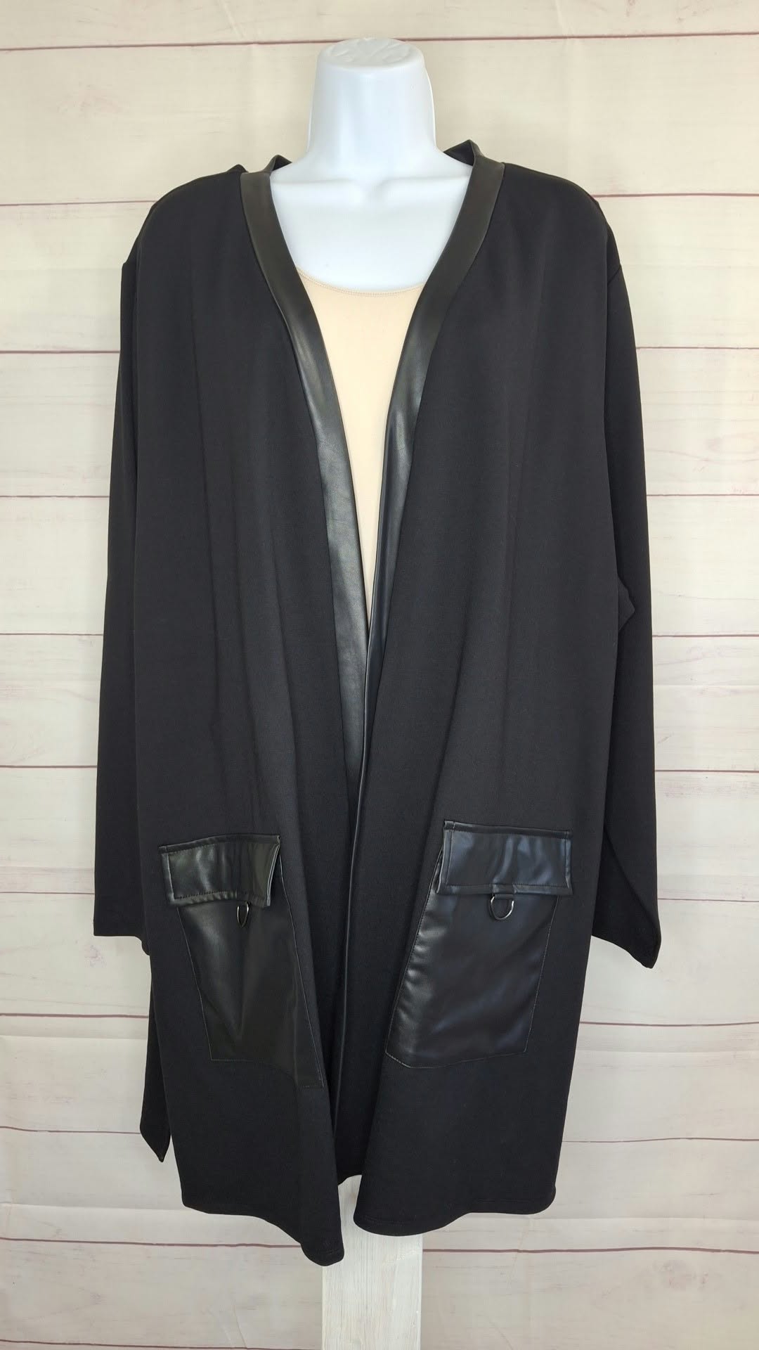 3XP BLK A707198 Belle by Kim Gravel Petite Ponte Duster with Faux Leather Trim