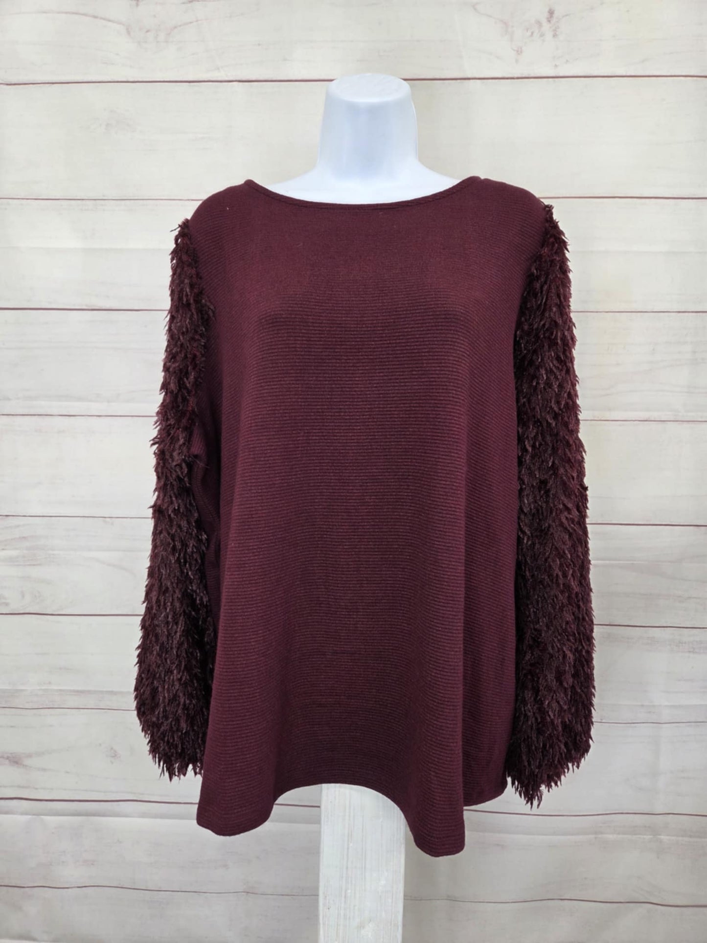 MEDIUM DEEP RAISIN A706716 Susan Graver Occasions Rib Knit Top w/ Embellished Sleeves
