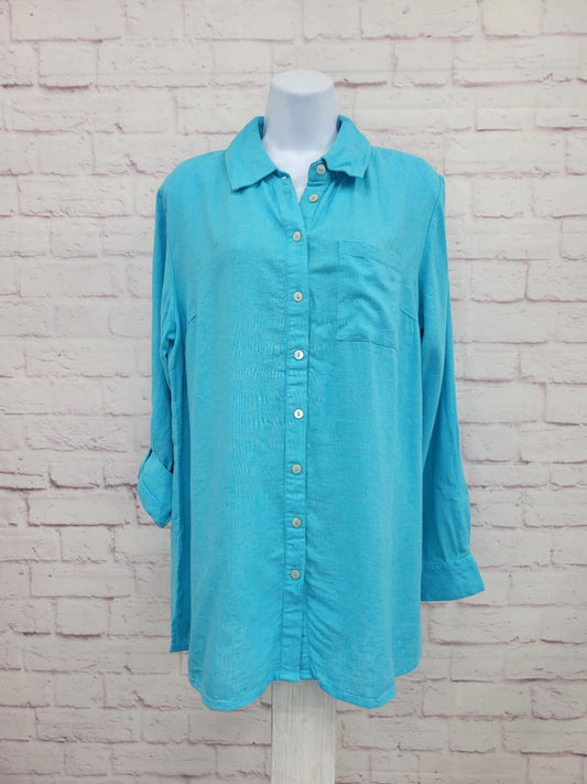 SMALL AQUA A643833 Denim & Co. Naturals Linen Blend Regular Button-Front Tunic