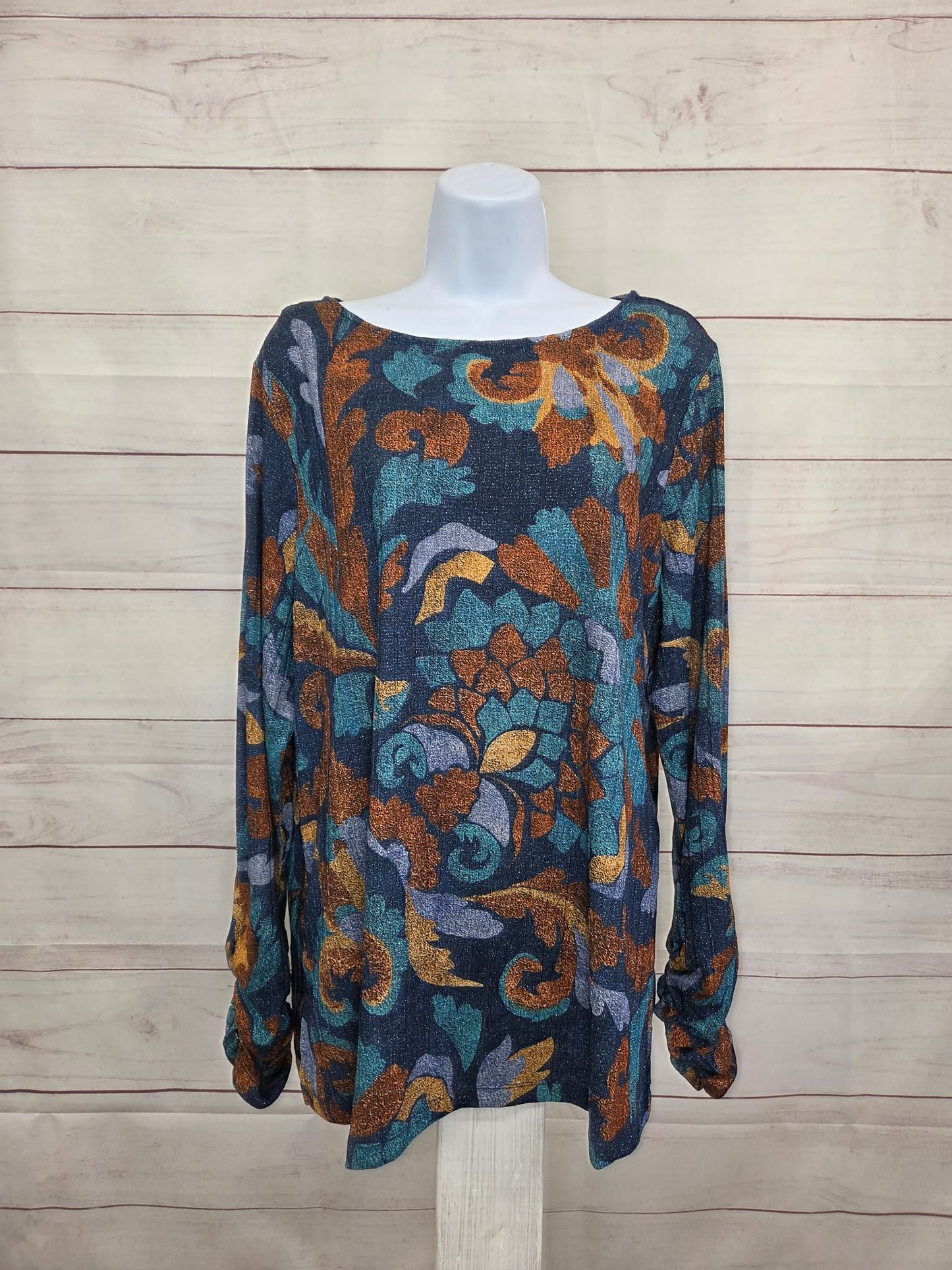 LARGE INK A706722 Susan Graver Printed Ribbed Knit with Lurex Bateau Neck Top