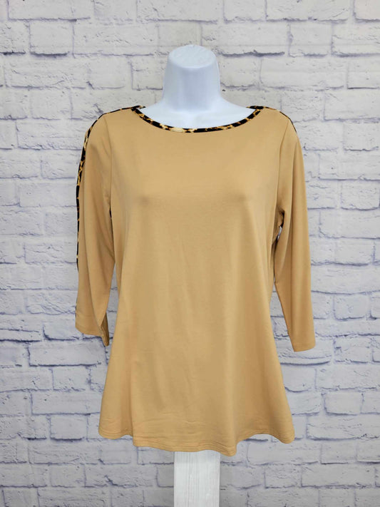 XXSMALL CAMEL A386460 Belle by Kim Gravel TripleLuxe Knit Animal Prnt Trimmed Top