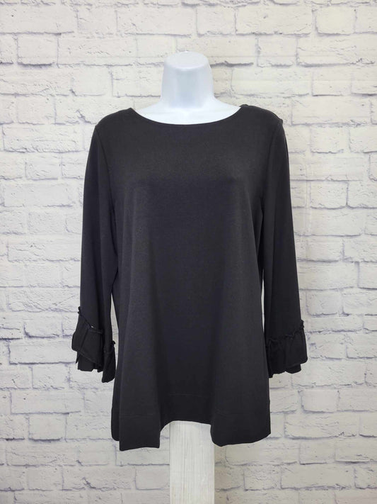 SMALL BLACK A309415 Denim & Co. Boatneck 3/4-Bell Sleeve Top w/ Ruffle Cuffs