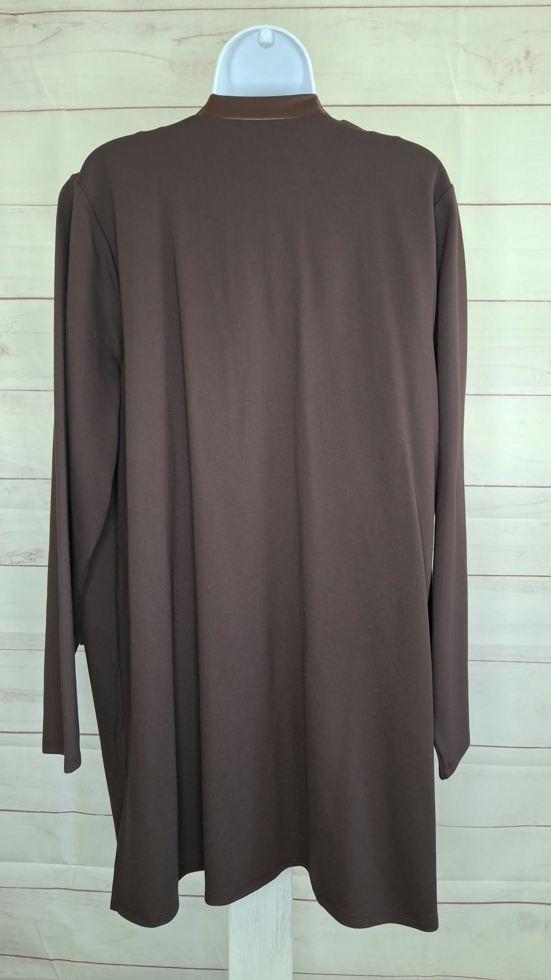 1X CHOCOLATE A707197 Belle by Kim Gravel Regular Ponte Duster with Faux Leather Trim