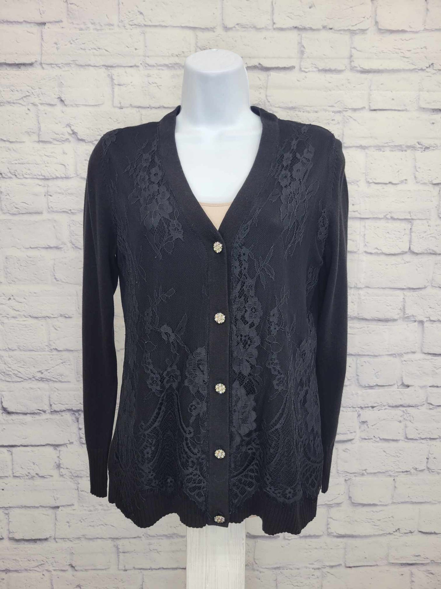 XXSMALL BLACK A557883 Isaac Mizrahi Live! Novelty Lace Overlay Sweater Cardigan