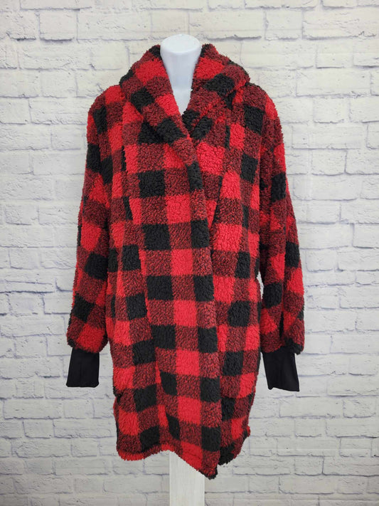 XL/1X RED CHECKERED A521465 BumbleBella by Jill Martin Regular Sherpa Shawl Collar Button Lounger