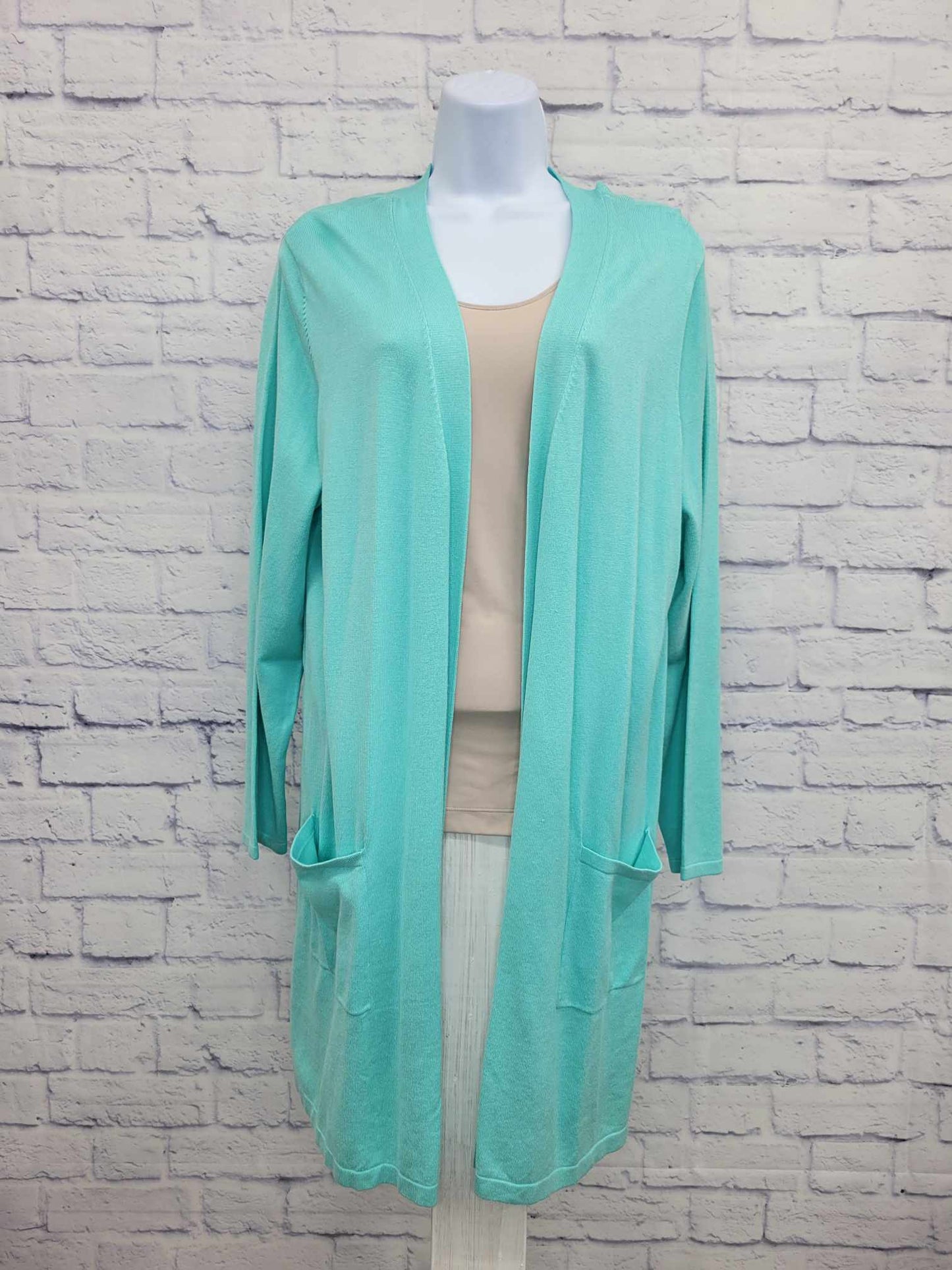 LARGE AQUA A469108 Belle by Kim Gravel Petite Feather Knit Sweater Cardigan