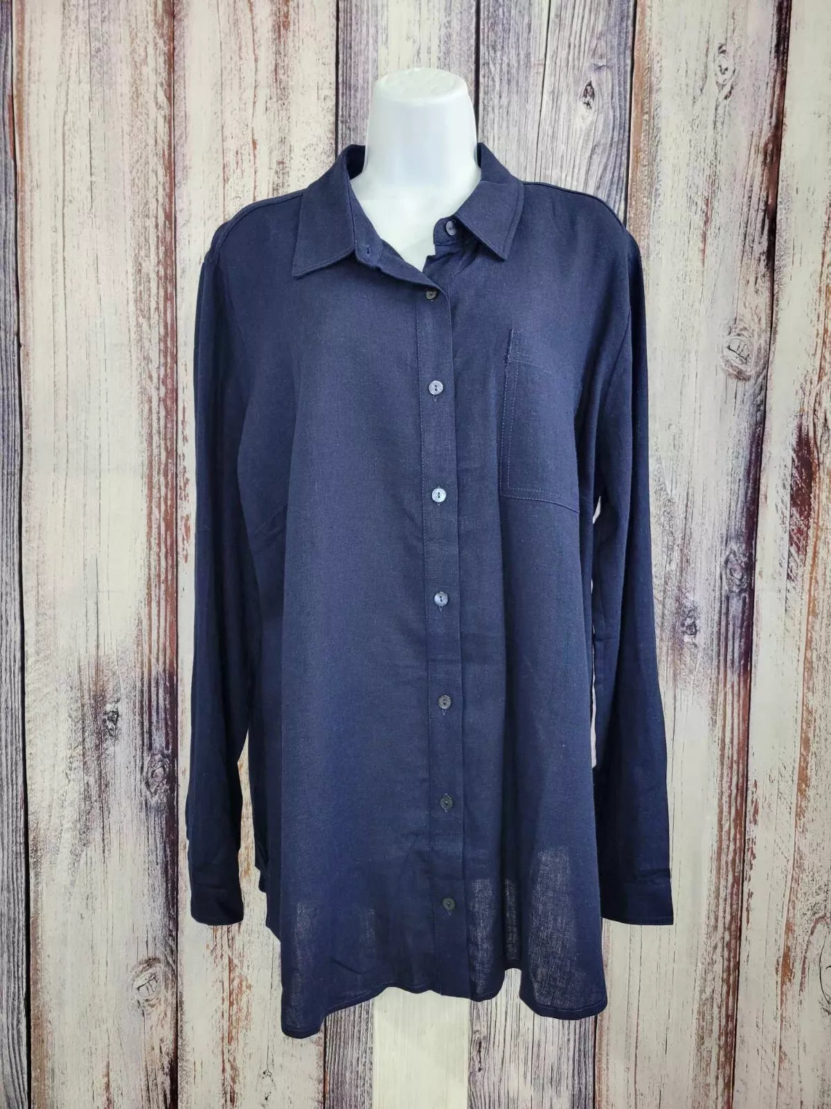 LARGE NAVY A596332 Susan Graver Regular Pure Linen Blend Button Front Shirt