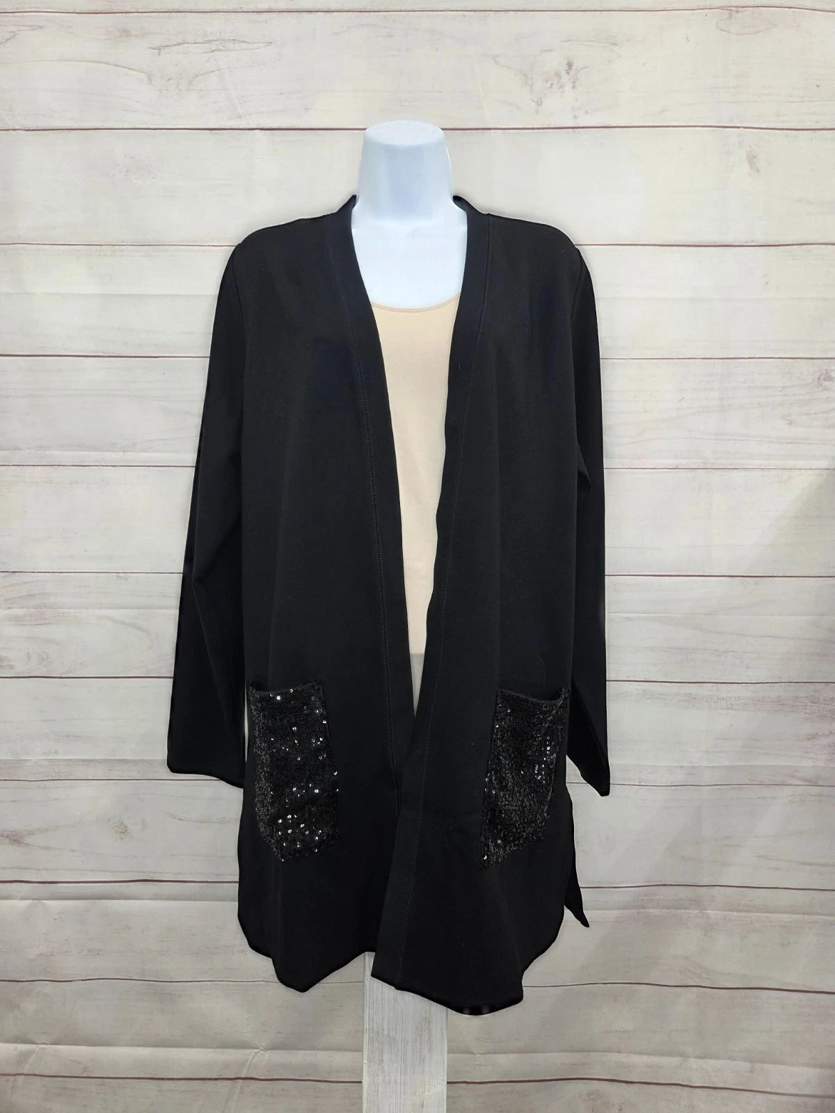 XLARGE BLACK A708376 Jingle Belles by Kim Gravel Sequin Pocket Ponte Duster Card